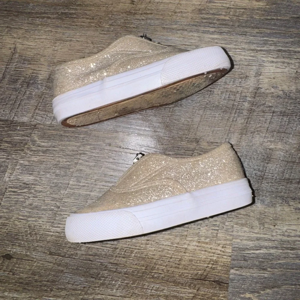 US Sports Girls Glitter Sneakers Toddler Size 7 Gold Zip Heart Slip On Shoes